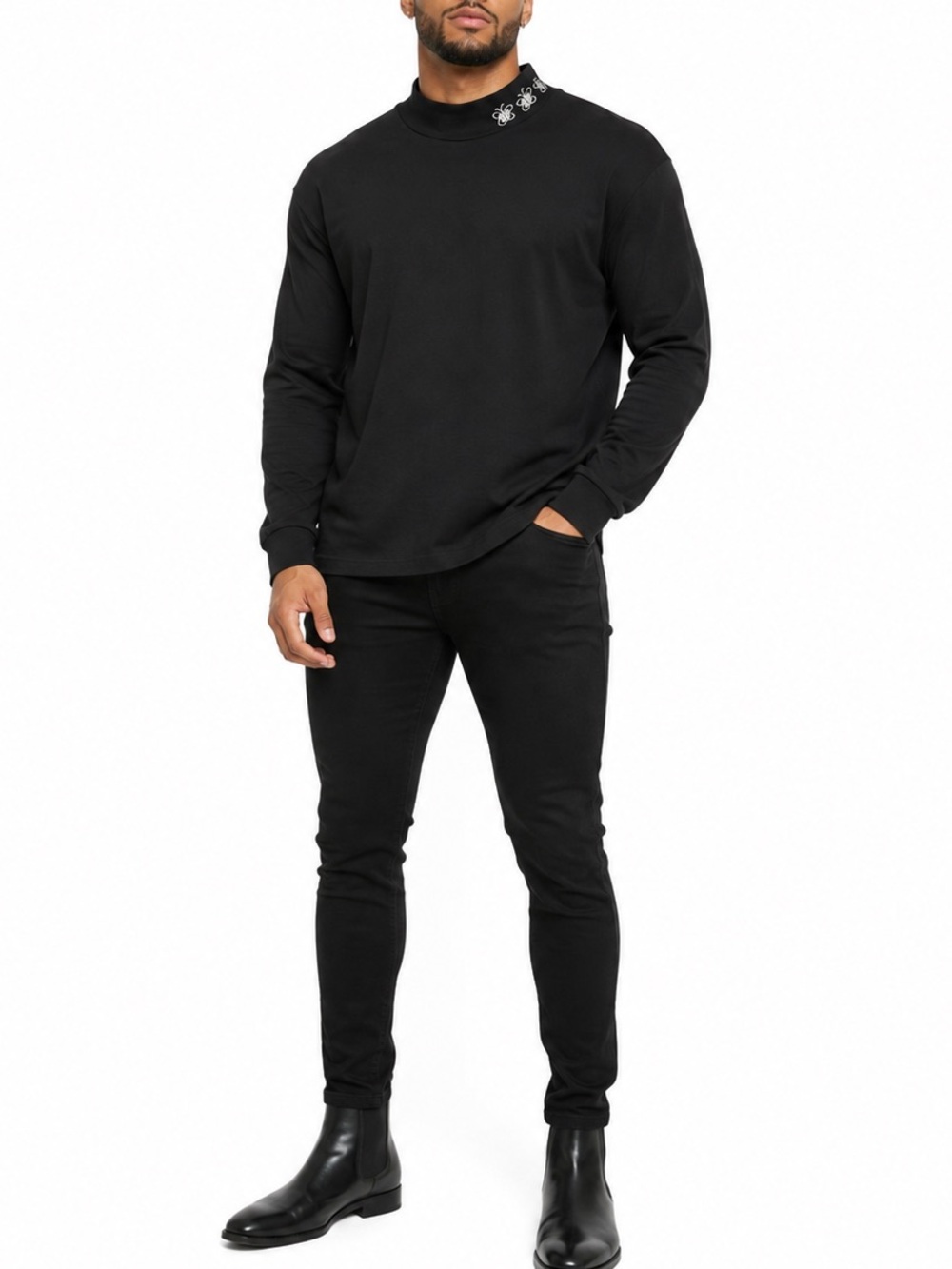 Urban Outfitters Shirt Long Sleeves Mock Neck Butterfly Embroidery Medium Black